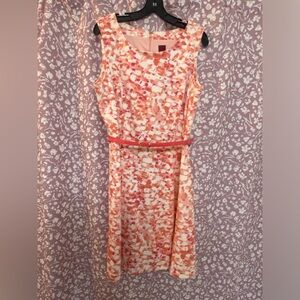(S49) 212 Collection Coral & White Watercolor Tea Length Fit & Flare Dress